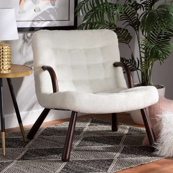 Eisa Modern & Contemporary White Sherpa Upholstered and Walnut Brown Finished Wood Accent Chair, Baxton Studio, Mfr#: 204-12579